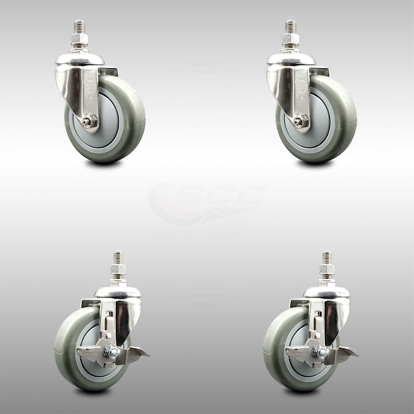 Service Caster 4 Inch 316SS Gray Polyurethane Swivel 12mm Threaded Stem Caster Brake, 2PK SCC-SS316TS20S414-PPUB-M1215-2-TLB-2 - main